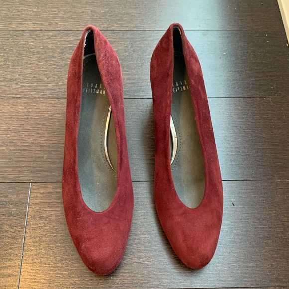 Burgundy Stuart Weitzman Suede Low Block Heels - Picture 1 of 6